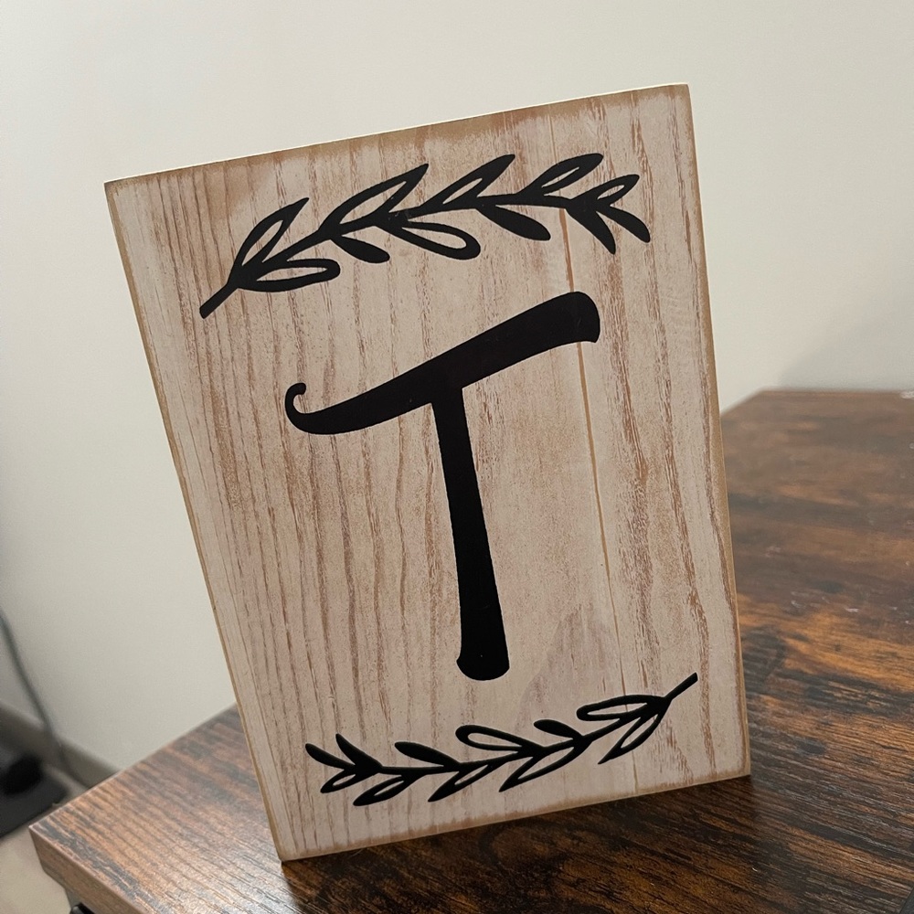 white distressed wood block T design